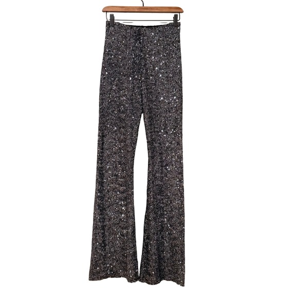Zara Womens Dark Silver Sequin Flare Stretch Pants Sparkly Glitter Party SZ S - Picture 2 of 16